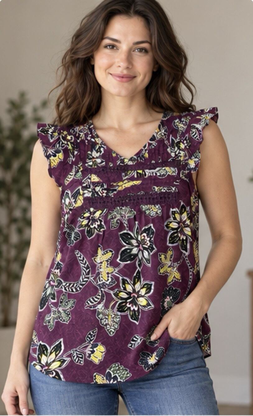 LOFT Floral Blouse Womens Large Purple Sleeveless Ruffle Lace Trim Top